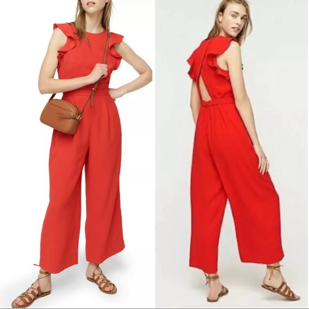 *J CREW* Red Sleeveless Ruffle Crepe Jumpsuit
